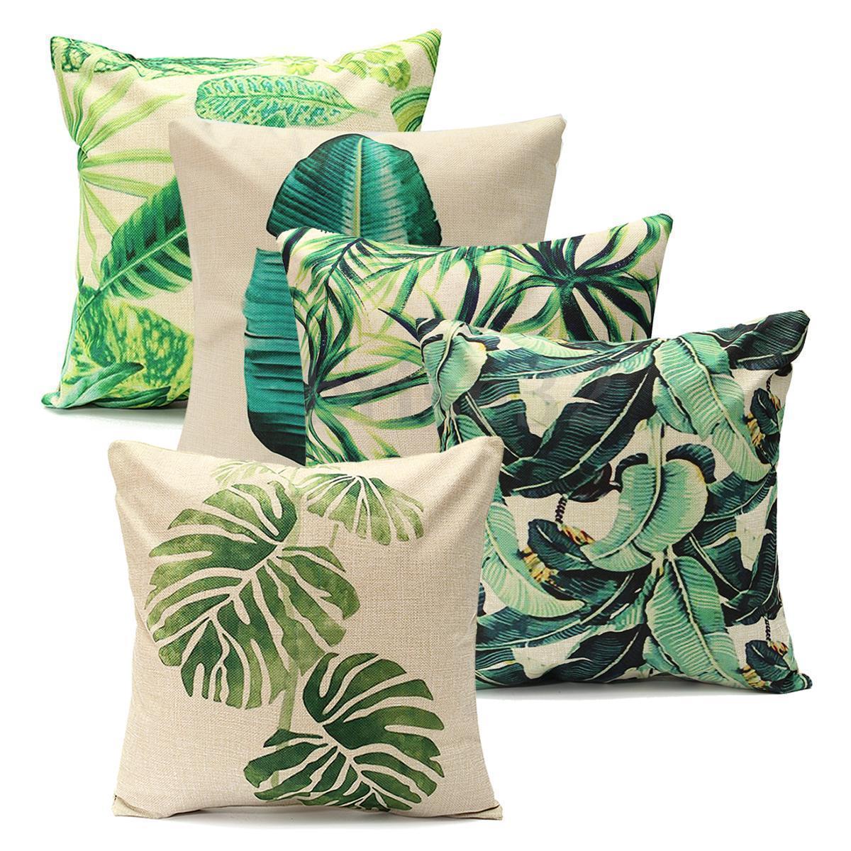 Tropical Plants Green Leaves Monstera Cushion Covers Hibiscus Flower Cushion Cover Decorative Beige Linen Pillow Case