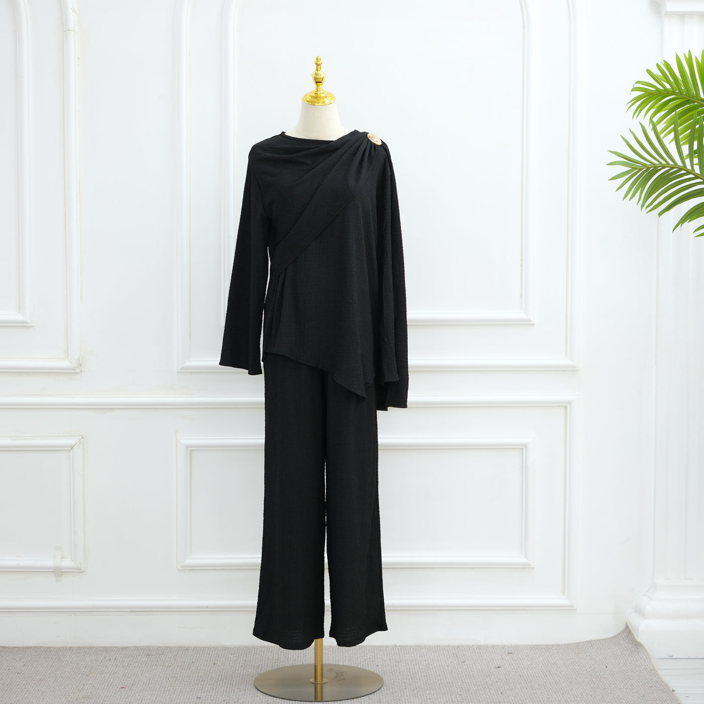 Loriya Solid Color Button-Down Cardigan and Pants Two-Piece Set