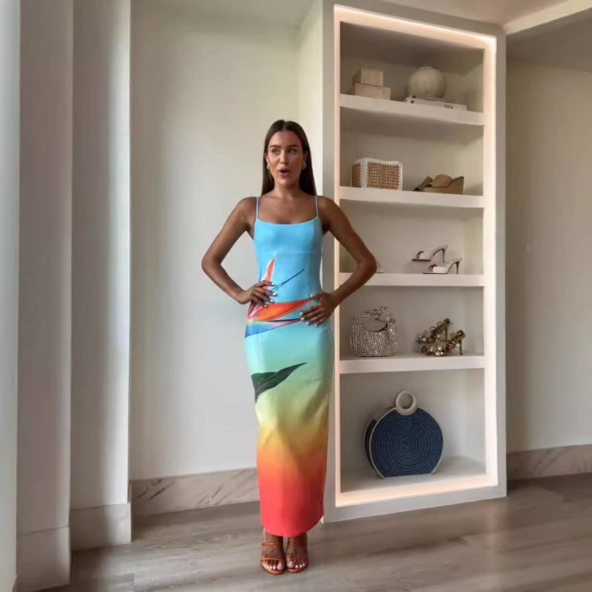 New Arrival Strapless Sequin Print Dress INS Casual Party Slit Dress
