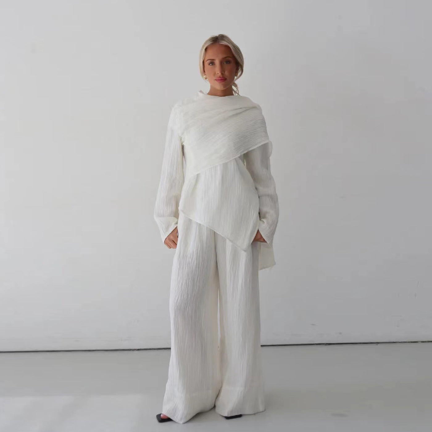 Loriya Solid Color Button-Down Cardigan and Pants Two-Piece Set