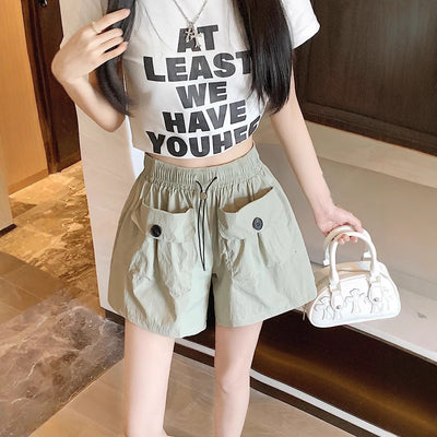 Double Pocket Casual Pants High Waist Workwear Shorts Women Loose Plus Size Straight Leg Shorts Live Streaming Spot Goods Wholesale