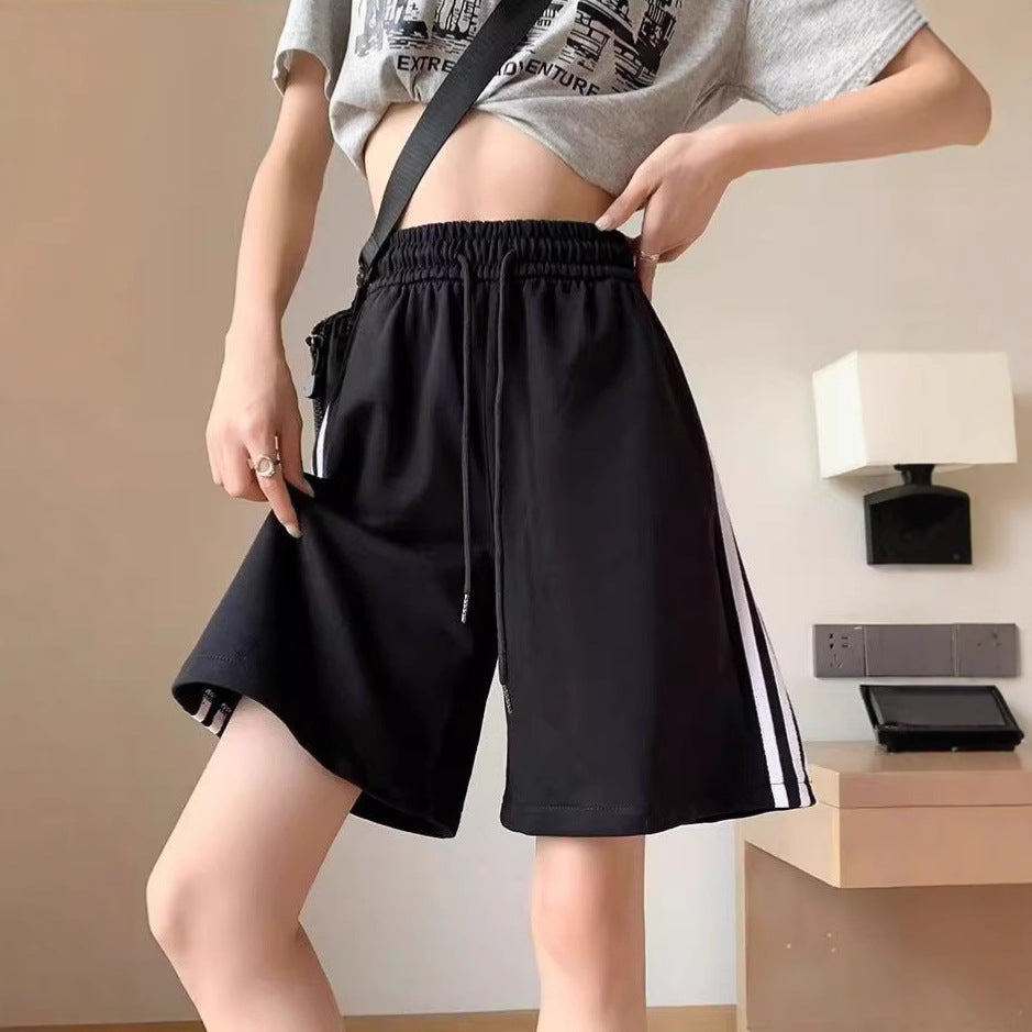 Sporty Shorts for Women - Three Stripes Pattern, Loose Fit, High Waist, Calf-Length, Wide Leg, Straight Leg