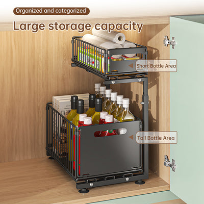 2-tier pull-out cabinet organizer, adjustable kitchen basket, under-sink organizer, spice rack, drawer slide.