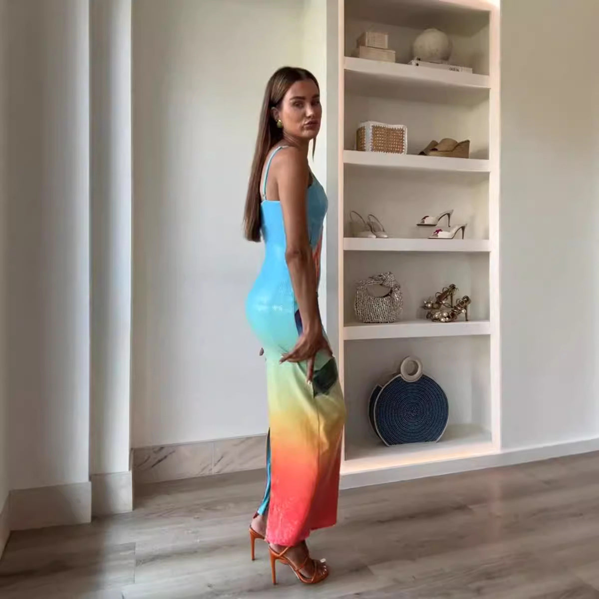 New Arrival Strapless Sequin Print Dress INS Casual Party Slit Dress