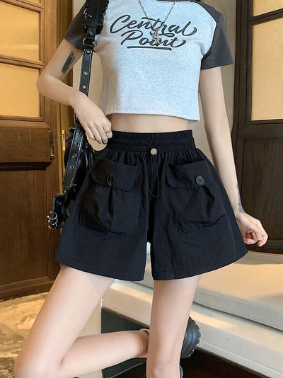 Double Pocket Casual Pants High Waist Workwear Shorts Women Loose Plus Size Straight Leg Shorts Live Streaming Spot Goods Wholesale