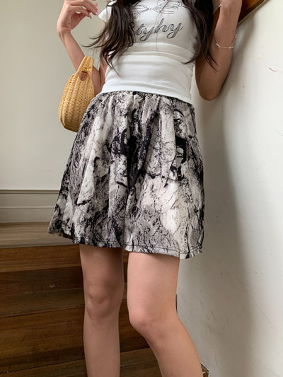 Chinese-style Tie-dye Printed Ink Painting Shorts Women's Loose Fit High Waist Elastic Waist Summer Thin Casual Pants