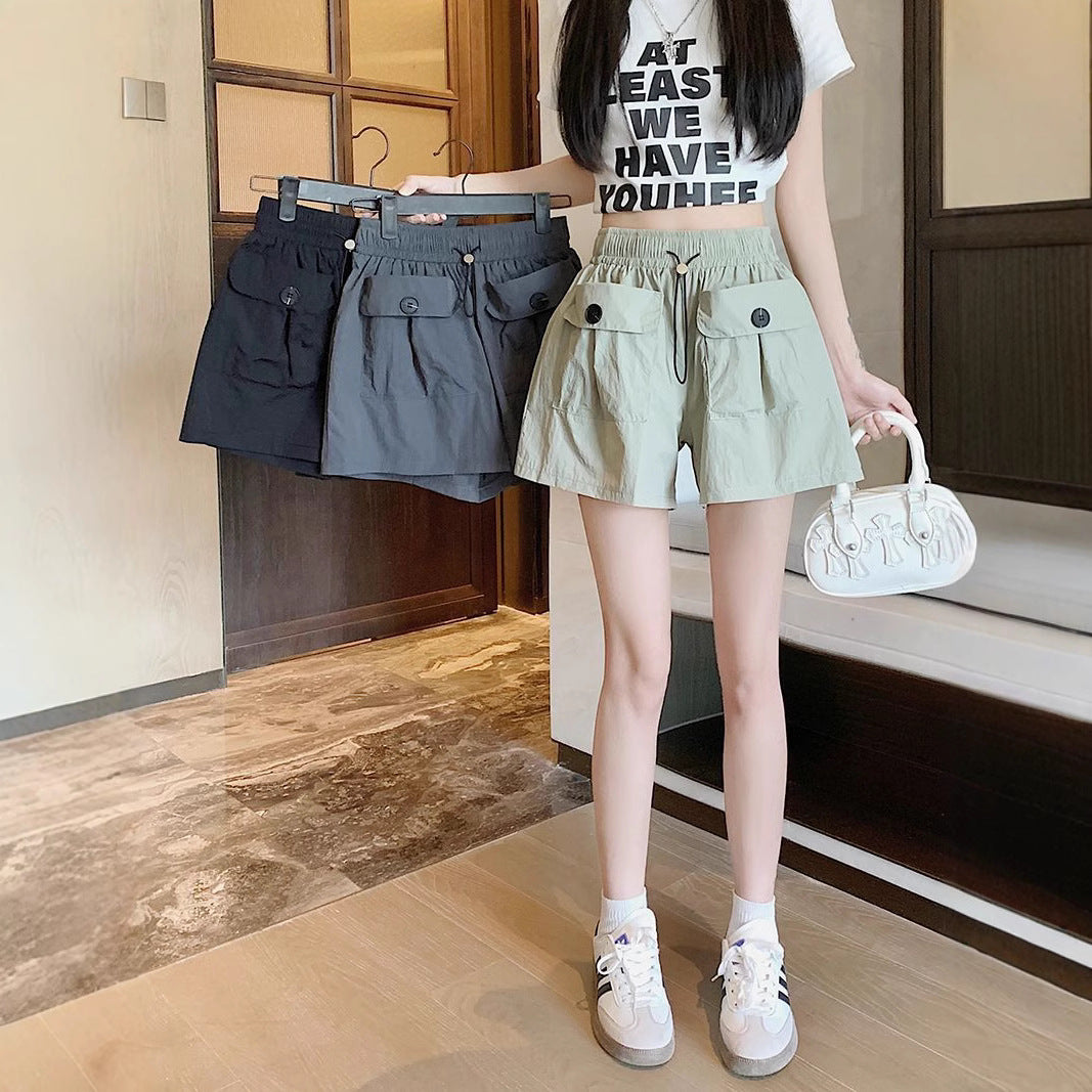 Double Pocket Casual Pants High Waist Workwear Shorts Women Loose Plus Size Straight Leg Shorts Live Streaming Spot Goods Wholesale
