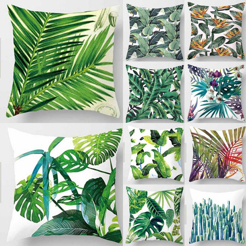 Tropical Plants Green Leaves Monstera Cushion Covers Hibiscus Flower Cushion Cover Decorative Beige Linen Pillow Case