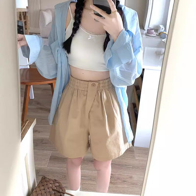 High-Waist Slimming Loose Wide-Leg Elastic Sports Pants Versatile Casual Plus-Size  Shorts Women Trendy