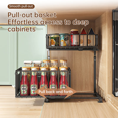 2-tier pull-out cabinet organizer, adjustable kitchen basket, under-sink organizer, spice rack, drawer slide.