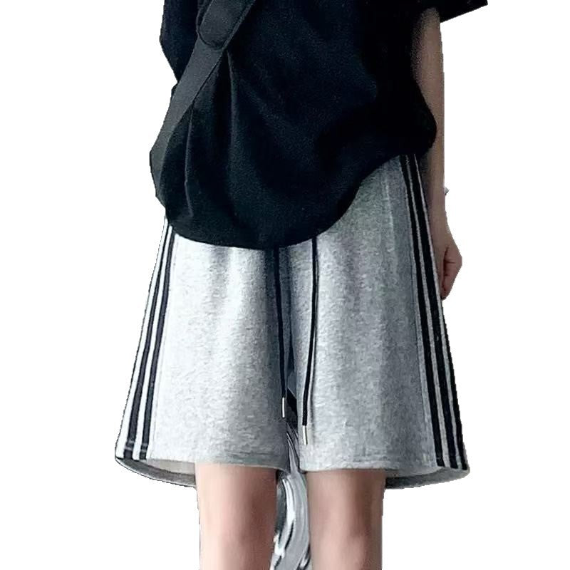 Sporty Shorts for Women - Three Stripes Pattern, Loose Fit, High Waist, Calf-Length, Wide Leg, Straight Leg