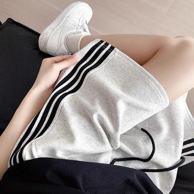 Sporty Shorts for Women - Three Stripes Pattern, Loose Fit, High Waist, Calf-Length, Wide Leg, Straight Leg