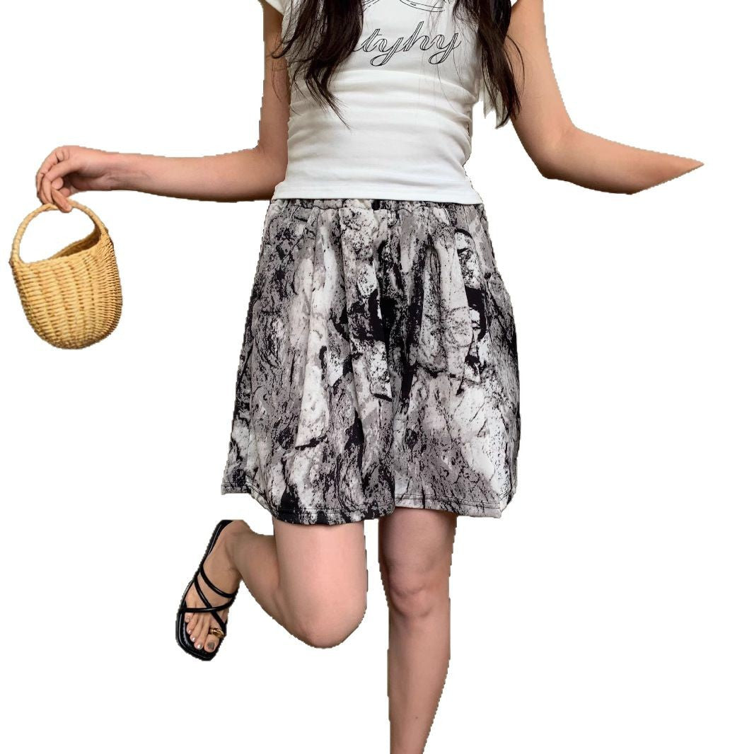 Chinese-style Tie-dye Printed Ink Painting Shorts Women's Loose Fit High Waist Elastic Waist Summer Thin Casual Pants