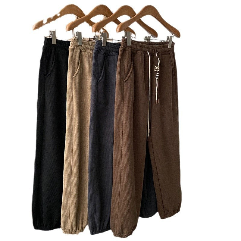 Velvet Casual Trousers for Women High Waist Drawstring Cuffed Harem Long Pants