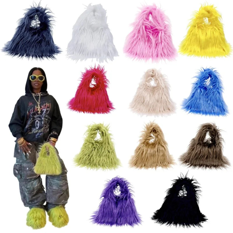 Fashion Faux Fur Women Shoulder Bags Y2K Korean Fashion Plush Handbags Luxury Tote Soft Warm Winter Hairy Purse
