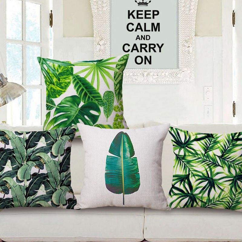 Tropical Plants Green Leaves Monstera Cushion Covers Hibiscus Flower Cushion Cover Decorative Beige Linen Pillow Case