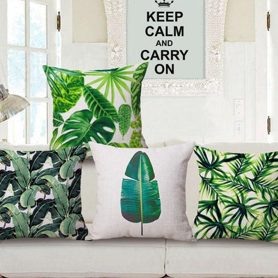 Tropical Plants Green Leaves Monstera Cushion Covers Hibiscus Flower Cushion Cover Decorative Beige Linen Pillow Case